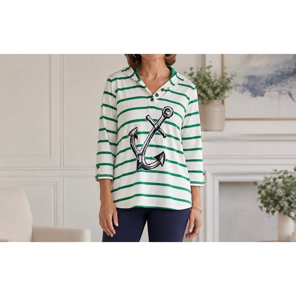 Susan Graver Green White Striped Anchor Graphic Henley Hoodie Top Womens Large